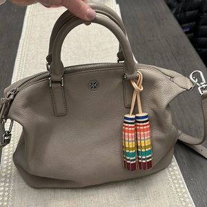Tory Burch Satchel with Rainbow Tassel, Gray Pebble Leather.